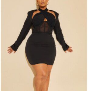 Plus Black Corset Cross Front bodycon (PrettyLittleThing)